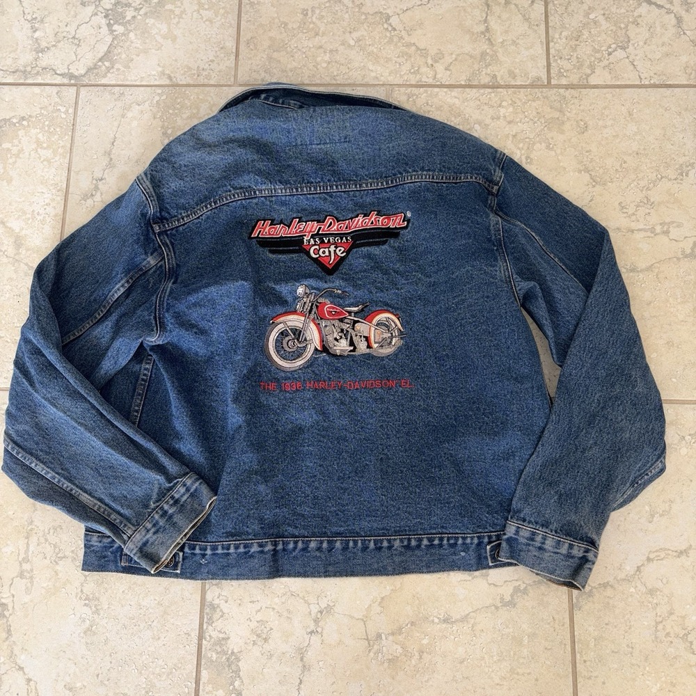 Vintage Harley Davidson Cafe Las Vegas Denim Jacket Embroidered Bike Size Small - Picture 2 of 4